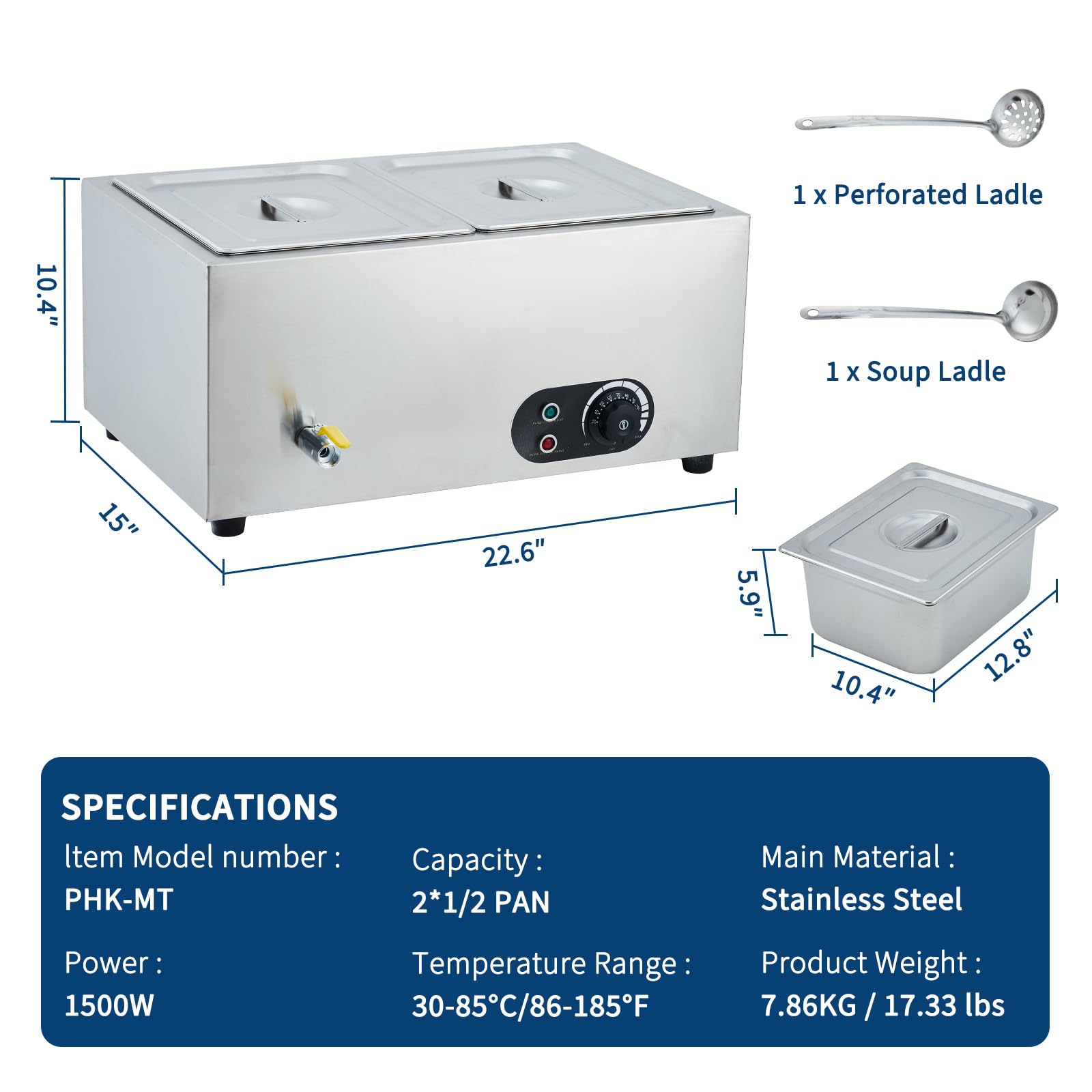 Garvee Calentador de Alimentos eléctrico Profesional – Buffet de Acero Inoxidable 1500W – 2 bandejas con Tapas – Ideal para Catering, restaurantes y Banquetes – Estación Tipo Bain Marie – 2 x 1/2 GN