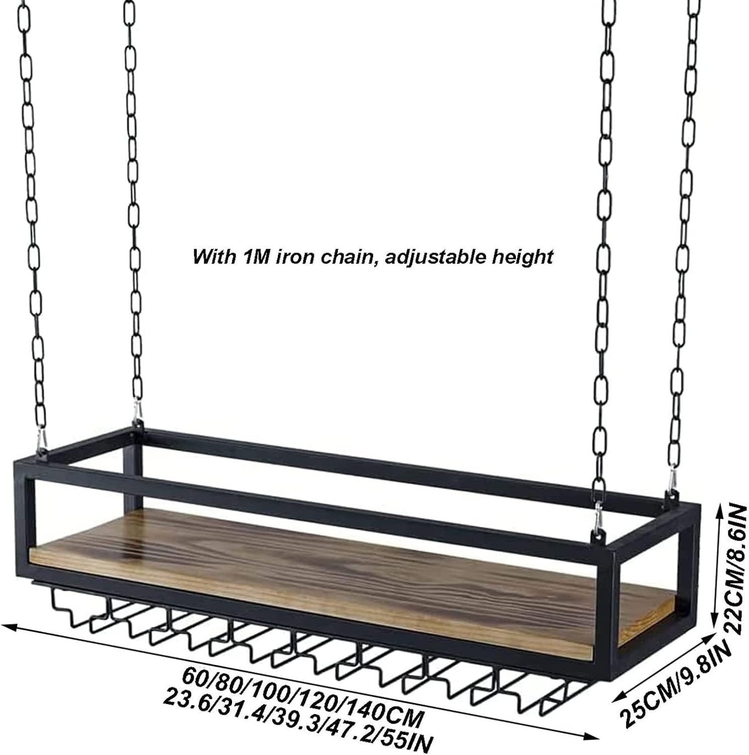 Hanging Wine Glass Holder Ceiling Shelf Hanging Wine Rack,with 1m Long Iron Chain Industrial Retro Shelves,with Glass Holder and Shelf,Iron Pipe Bar/Kitchen Storage Stand