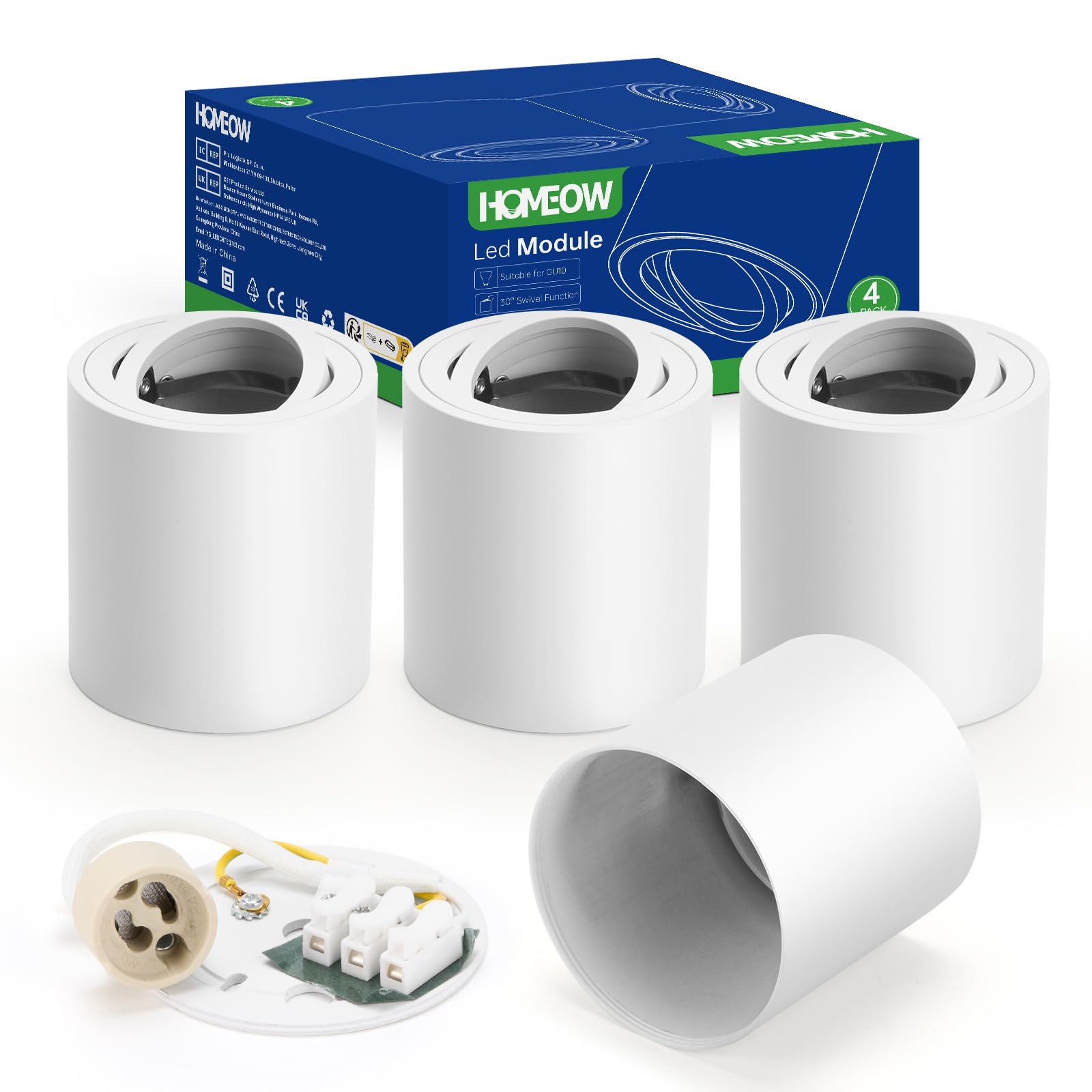 HOMEOW Aufbauspot Weiß Deckenspot Aufputz 30° Schwenkbar Spots Led Aufbaustrahler für Gu10 ＆ LED Module，Aufbauleuchte Ohne GU10 - Lampe Deckenstrahler aus Aluminium Deckenleuchte für Bad, 4 Stück