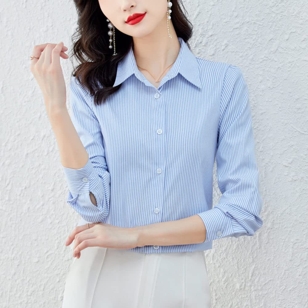 MIDJ Lockeres Damenhemd,Damen Leichte Streifen Revers Hemden Elegante Satin Bluse Hemd Langarm Tunika Chiffon Hemd Komfort Glanz Oberteile Lässige Büro Business Bluse Für Mädchen Damen,Blau,XL
