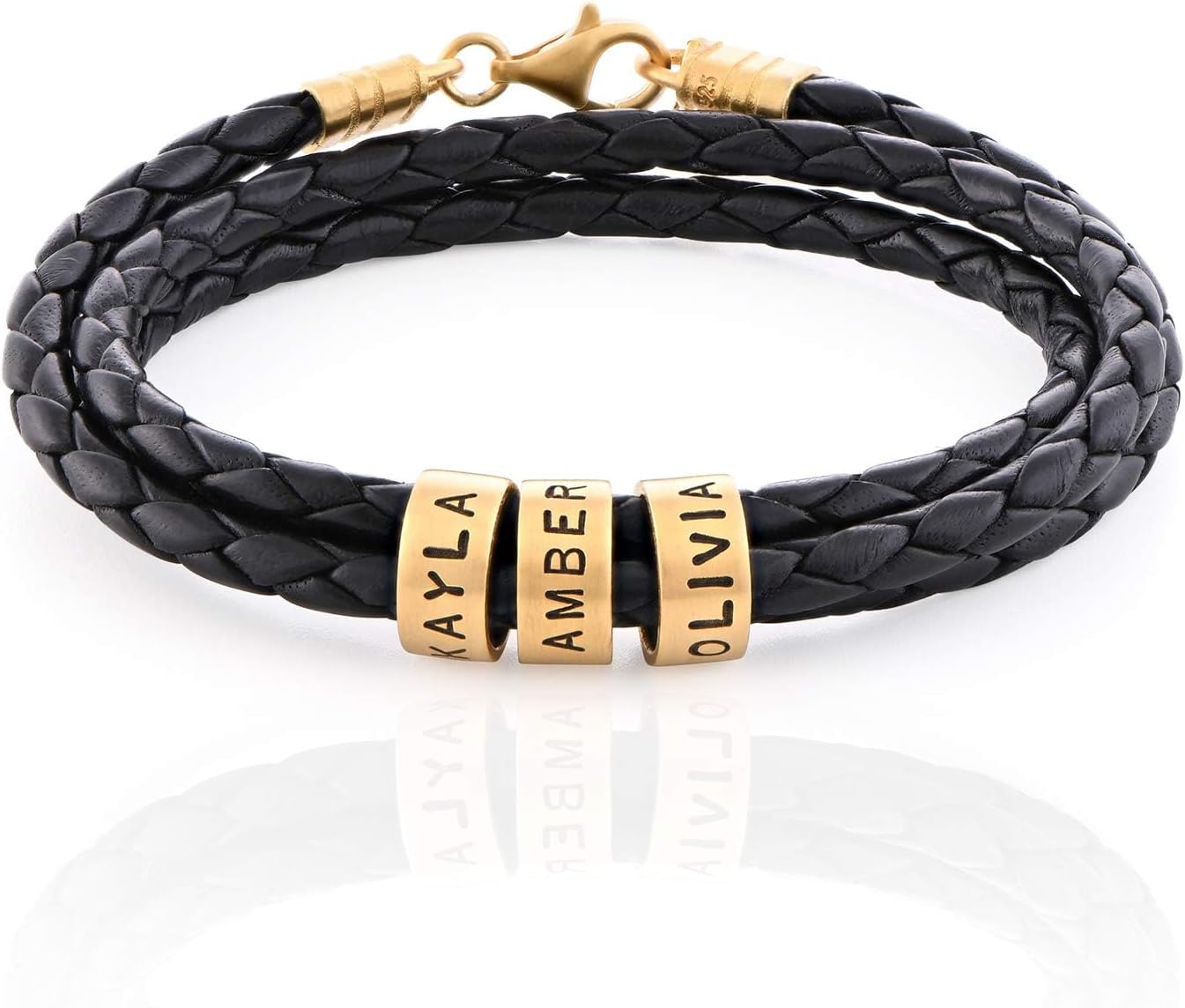 MyNameNecklace Personalized Braided Leather Bracelet with Silver or Gold Beads for Him, Men - Custom Gift for Father's Day - Genuine Leather - Engraved Sterling Silver or 14K Solid Gold Beads