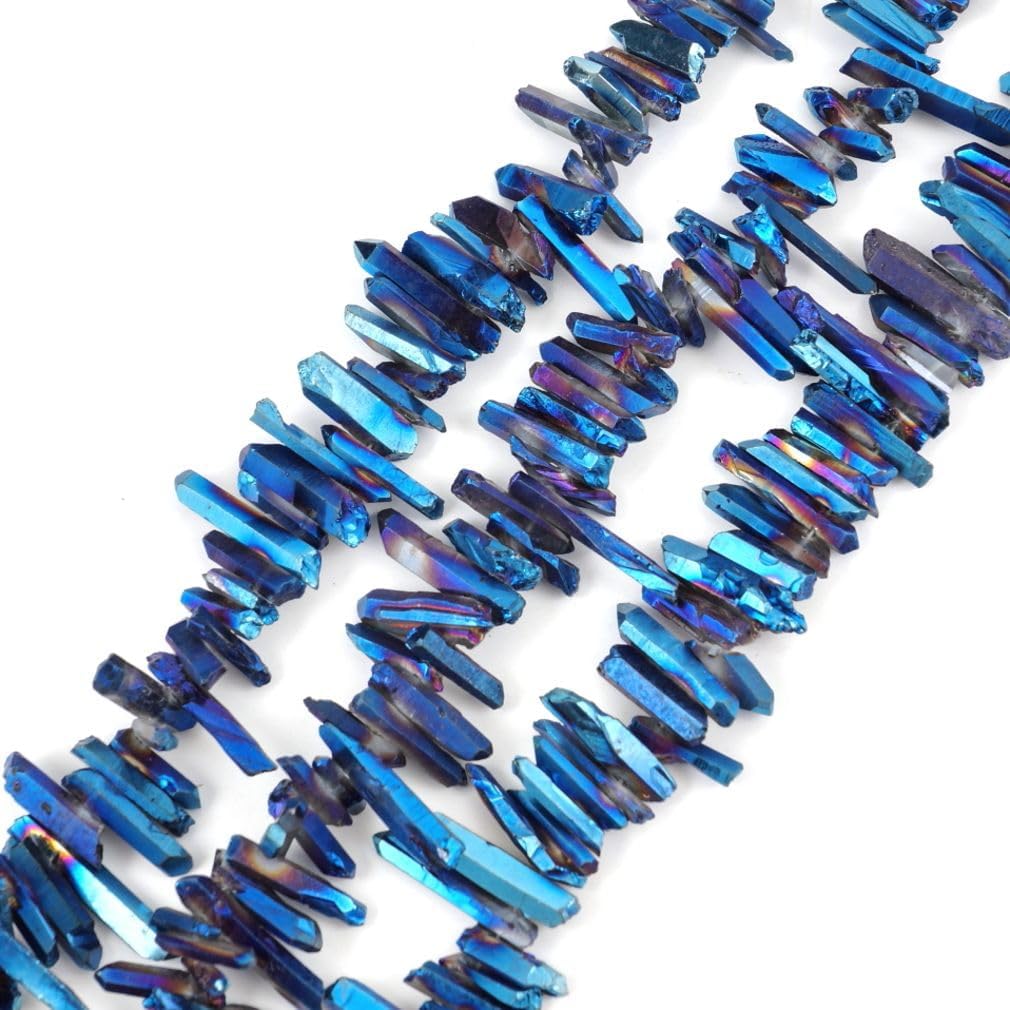 Adabele 30 Inch Natural Raw Healing Crystal Quartz Gemstone Loose Beads Small Drilled Point Sapphire Blue AB Titanium Coated Chakra Gem Stone Drop Stick GA4