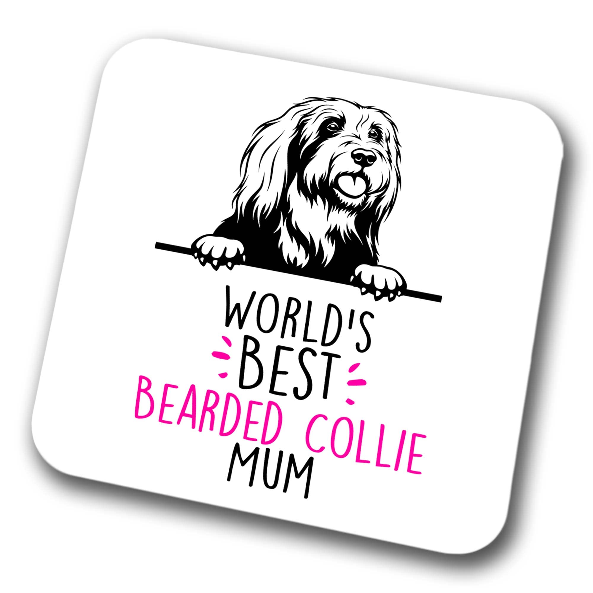 Faithful Prints Boys Bearded Collie World's Best Mum Coaster Dog Mum Bearded Collie Mum Friend Funny Gift For Birthday Christmas, Bearded Collie Coaster