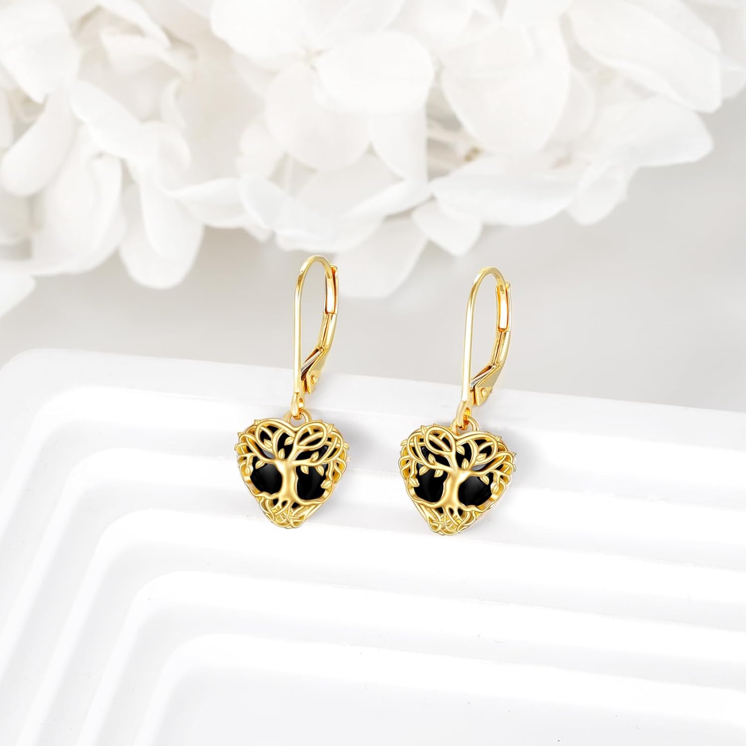 14K Tree of Life Earrings Black Onyx Gold Leverback Dangle Drop Earrings Jewelry - Image 5