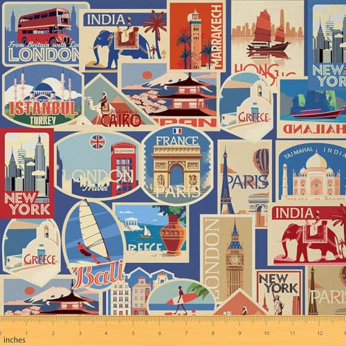 Travel Themed Fabric by The Yard World Urban Landscape Decorative Fabric for Sewing Lovers Cartoon City Building Retro Plaid Fabric for DIY Outdoor Indoor Furnishing Hobby 1 Yard,36