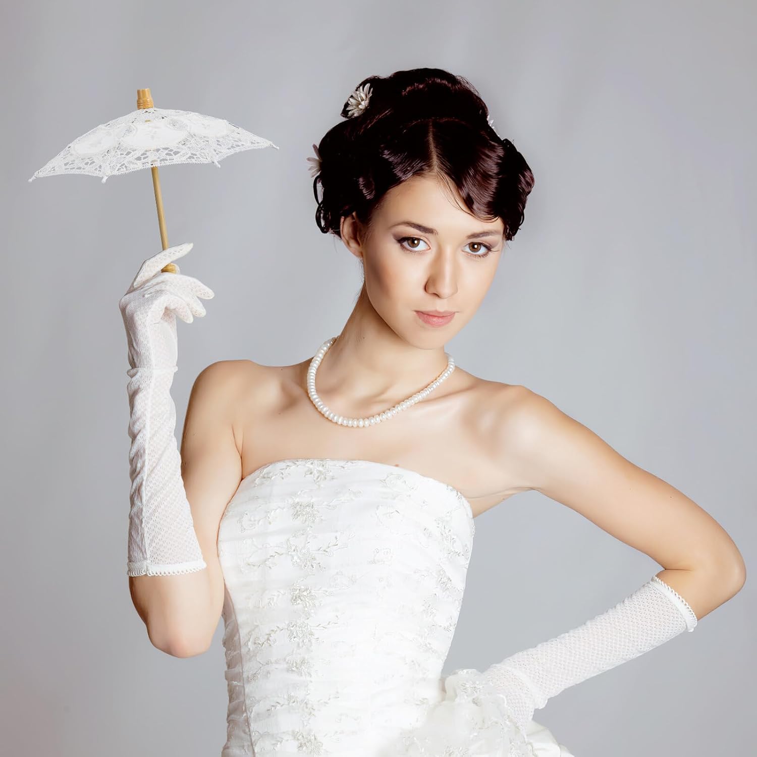Toyvian Mini White Lace Parasol Umbrella, 12inch Vintage Embroidered Cotton Wedding Umbrella for Flower Girl Decorative Photography Prop for Bridal Shower Tea Party Gothic Lolita Cosplay