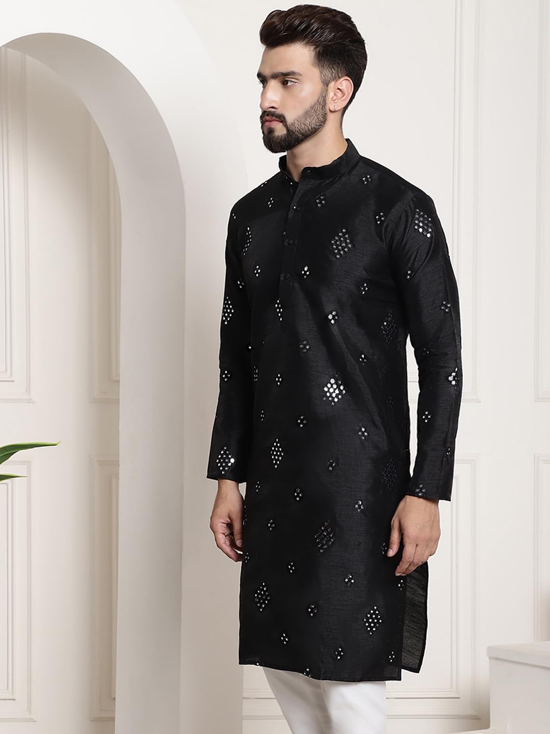 Sojanya (Since 1958 Men's Silk Blend Mirror Work Black Only Long Kurta