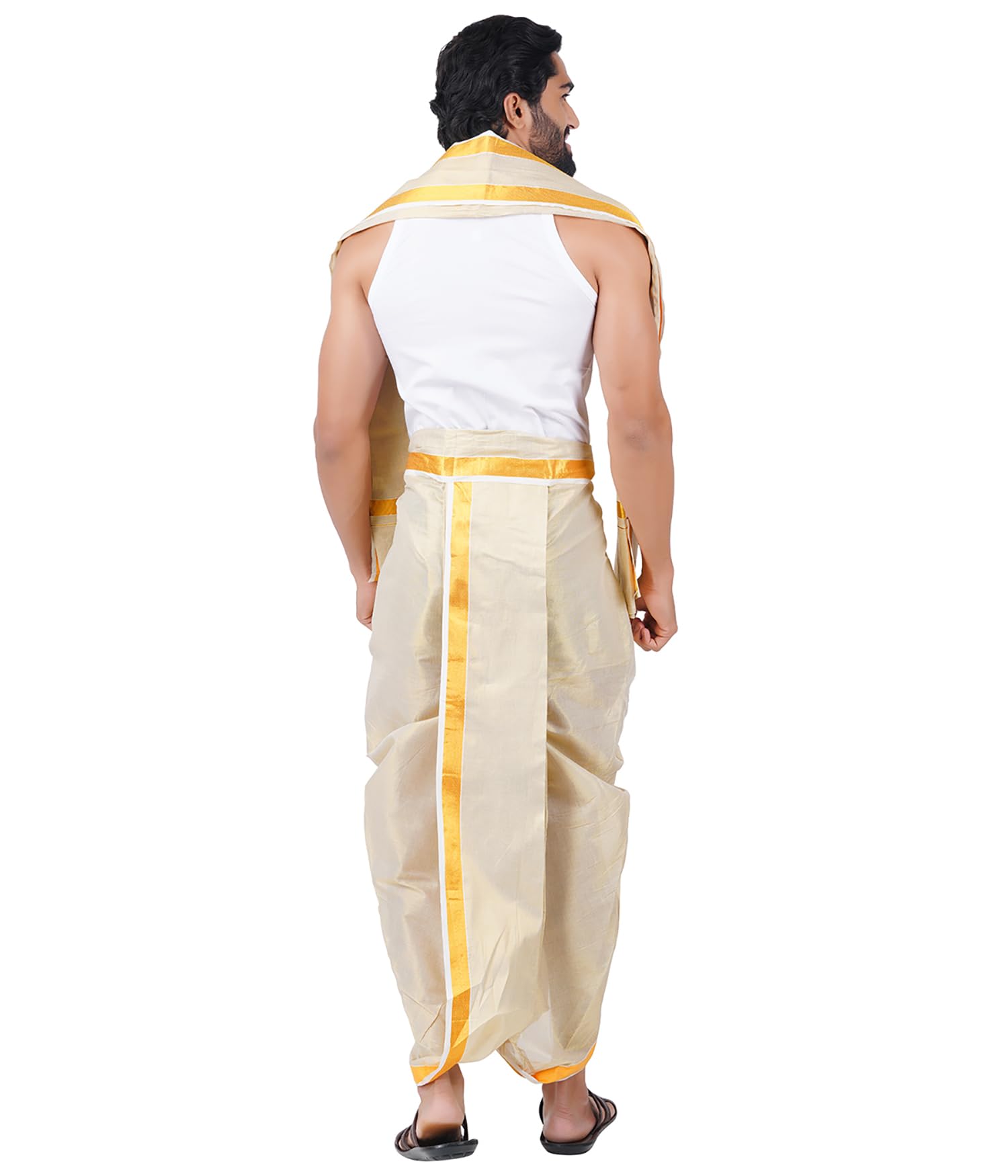 Prakasam Cotton -Tissue Fabric Readymade Panchakacham Dhoti & Towel Set With Pocket Solid Men Dhoti