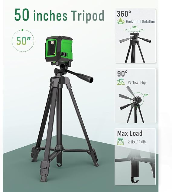 Laser Level with 50 Tripod, 360 Self Leveling Cross Line Laser Level, Green Beam Horizontal and Vertical Line leveler Tool for Hanging Pictures, Home Renovation with 4 AA Batteries & Carry Pouch