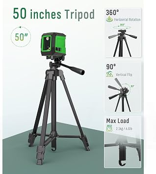Laser Level with 50 Tripod, 360 Self Leveling Cross Line Laser Level, Green Beam Horizontal and Vertical Line leveler Tool for Hanging Pictures, Home Renovation with 4 AA Batteries & Carry Pouch