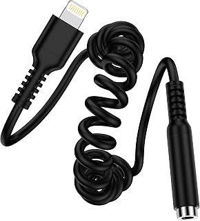 iPhone イヤホン変換アダプタ コイル式 Lightning to 3.5mm イヤホンジャツク HIFI音質 0.15m-0.3m自由伸縮 Haoano 24-bitハイレゾ ライトニング-3.5mm変換カールコード 通話/音量調節 iPhone14/13/12/11/SE/XS/iPad/iPod Touch5/6/7に対応 ブラック
