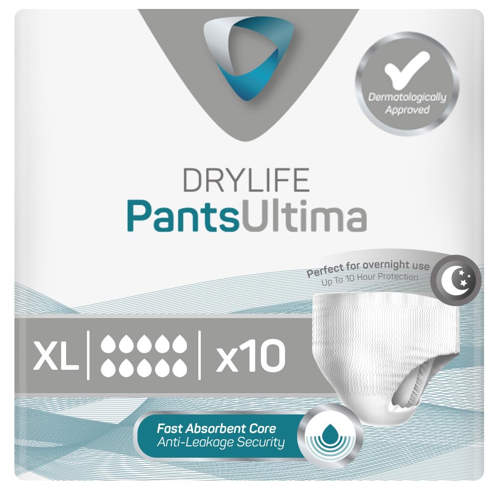 Drylife Pants Ultima Disposable Pull-Up Unisex Incontinence Pants - 3000ml Absorbency, Overnight Protection, Anti-Leak Security, Breathable Material - Extra Large (1 Pack of 10)