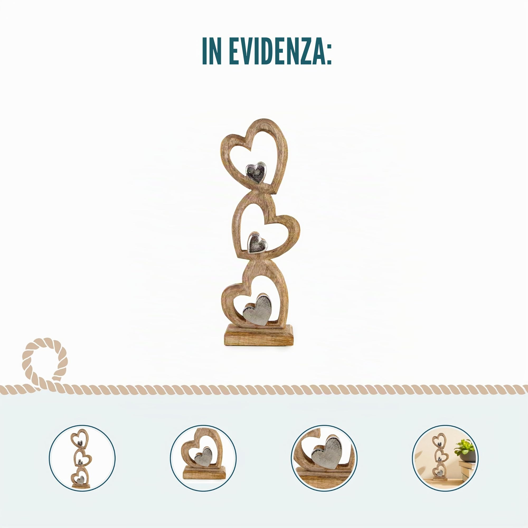 Scultura decorativa cuori: figura da appoggio in metallo e legno, decoro moderno per soggiorno ingresso camera, idea regalo matrimonio compleanno nuova fase della vita, 45 × 16 × 7 cm