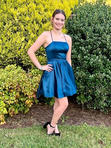 Spaghetti Straps Homecoming Dresses 2025 Short Satin Cocktail Dress A Line Mini Puffy Prom Gown with Pockets3