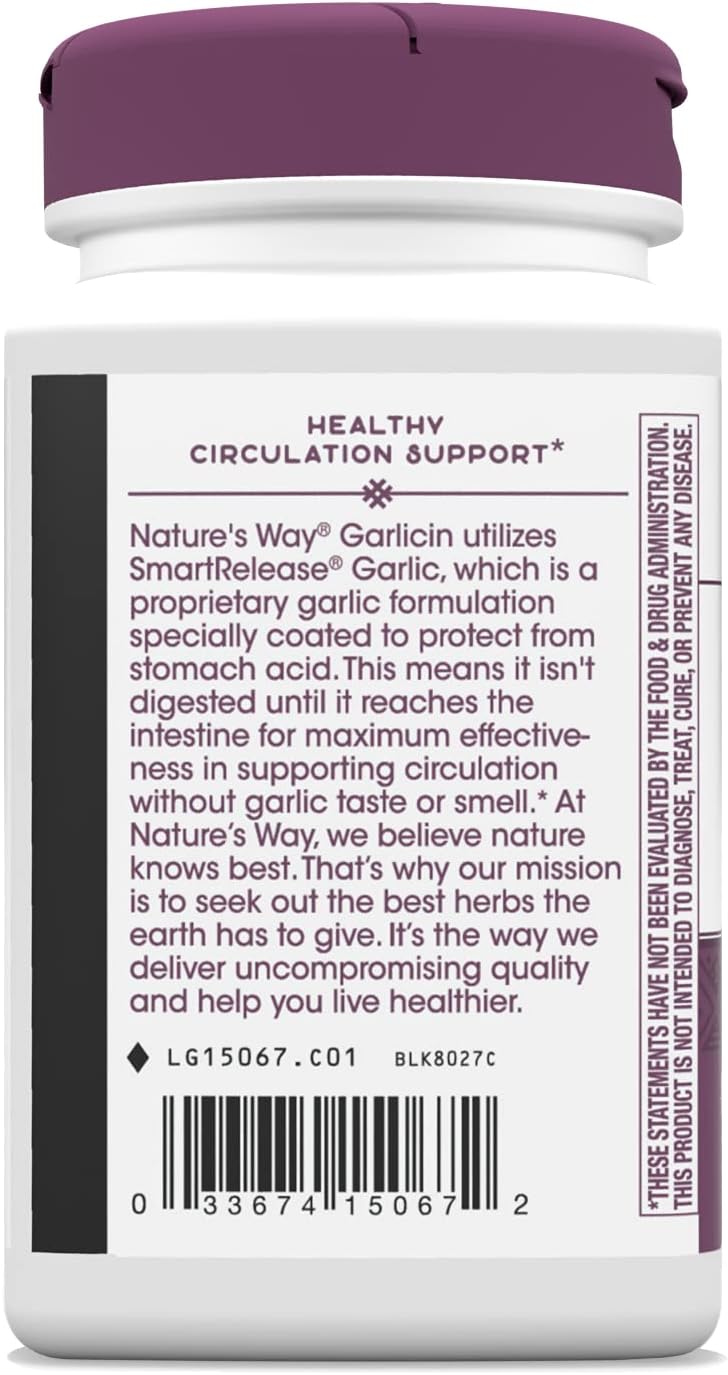 Nature's Way Premium Herbal Garlicin Cardio, 350 mg per serving, 180 Count : Health & Household