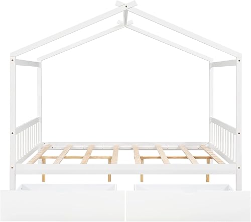 Miniatura 8 de MERITLINE Cama de casa matrimonial para niños, cama Montessori de tamaño matrimonial con 2 cajones de almacenamiento, cabecera y estribo, cama de
