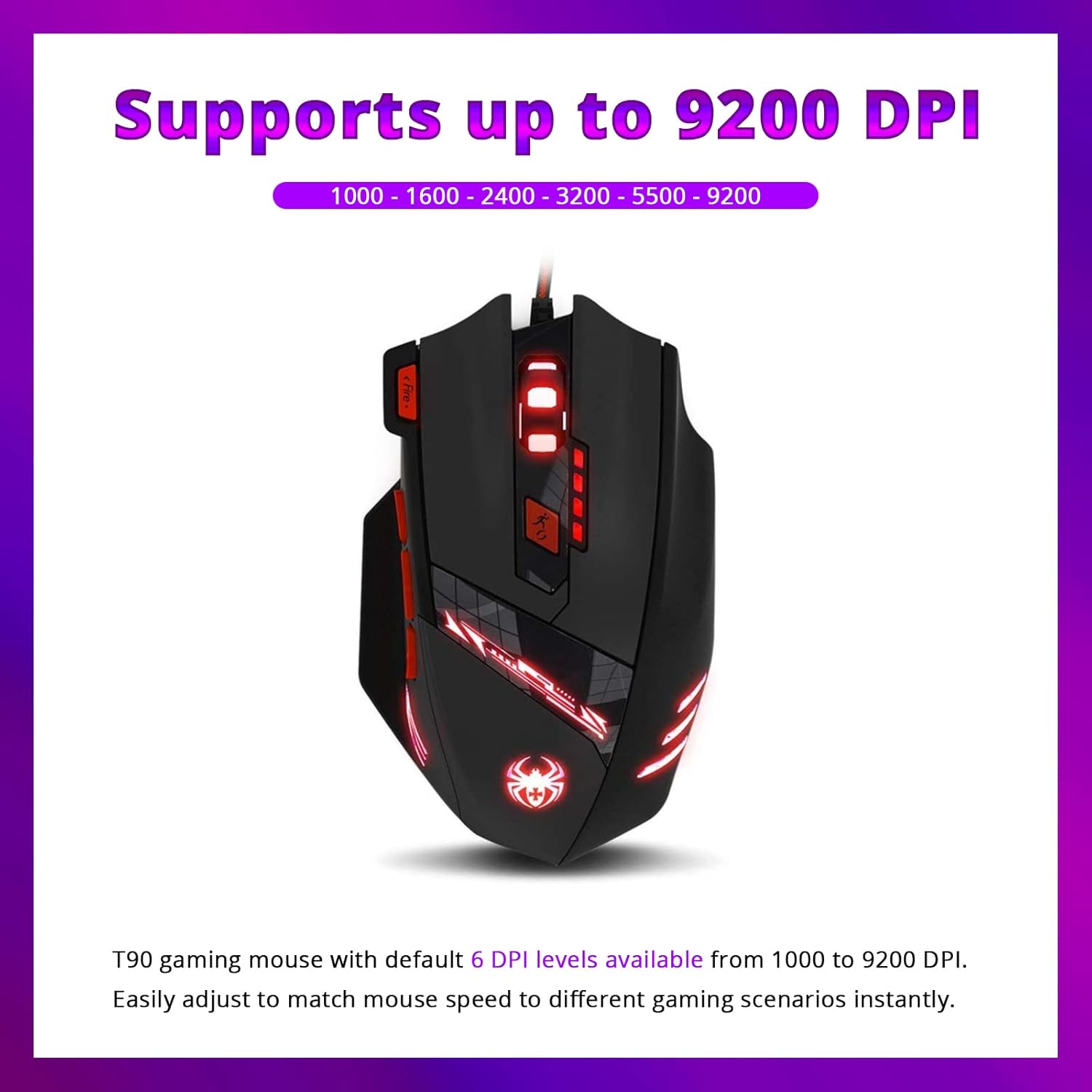 T90 Wired Gaming Mouse. Zelotes 8 Programmable Buttons, Chroma RGB Backlit, Adjustable Weights, 7 Backlight Modes up to 9200 DPI for Laptop/Windows/Mac Gamer (Black)