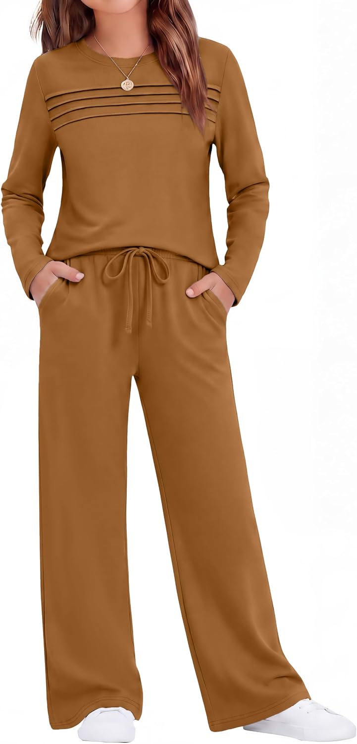 Arshiner Girls Clothes Fall Outfit Crewneck Tops and Wide Leg Pants Set | Kids Clothing Sets 2 Piece Fall Outfits Pleated Front Long Sleeve Shirt Wide Leg Pants with Pockets 4-13Y