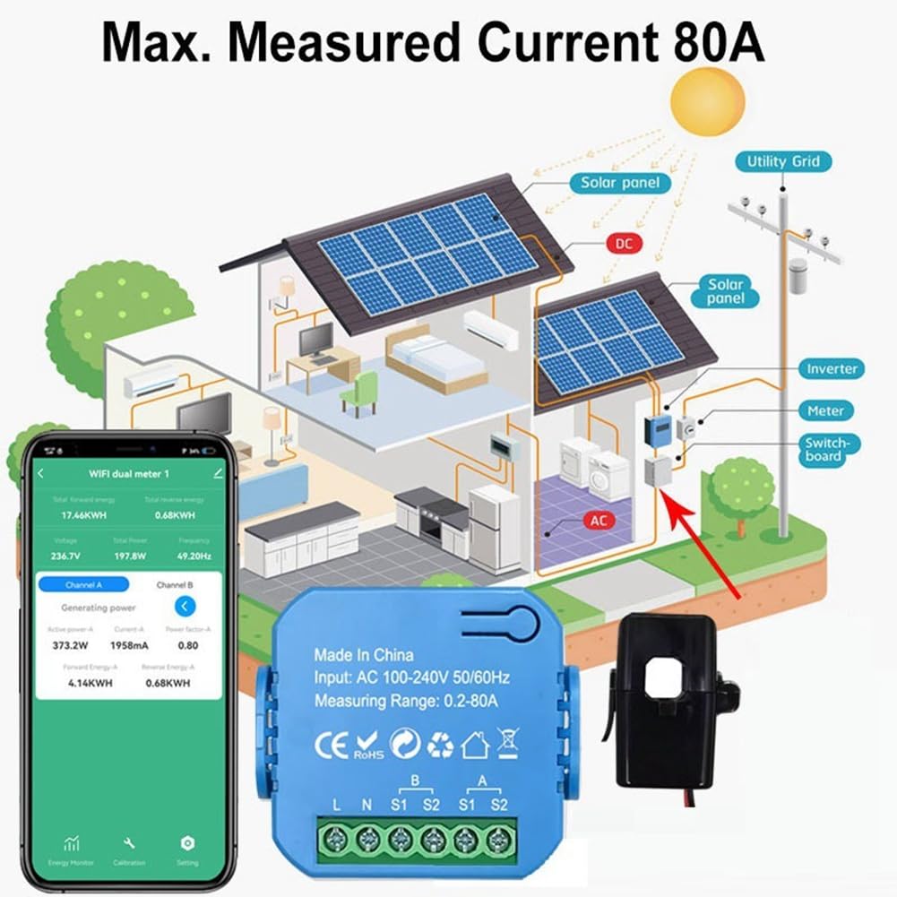 Medidor de Energía Inteligente Tuya WIFI Bidireccional con Pinza de Transformador, Monitor de Potencia de 80 A, Compatible con Alarma, 1 Canal, 1 CT