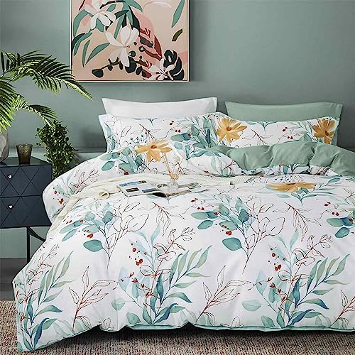 Etdiffe King Size Floral Comforter, 3 Piece Green Leaves On White Botanical Garden Pattern Bedding Set- Soft & Lightweight Reversible Microfiber Down Alternative Comforter For All Season #TOP23