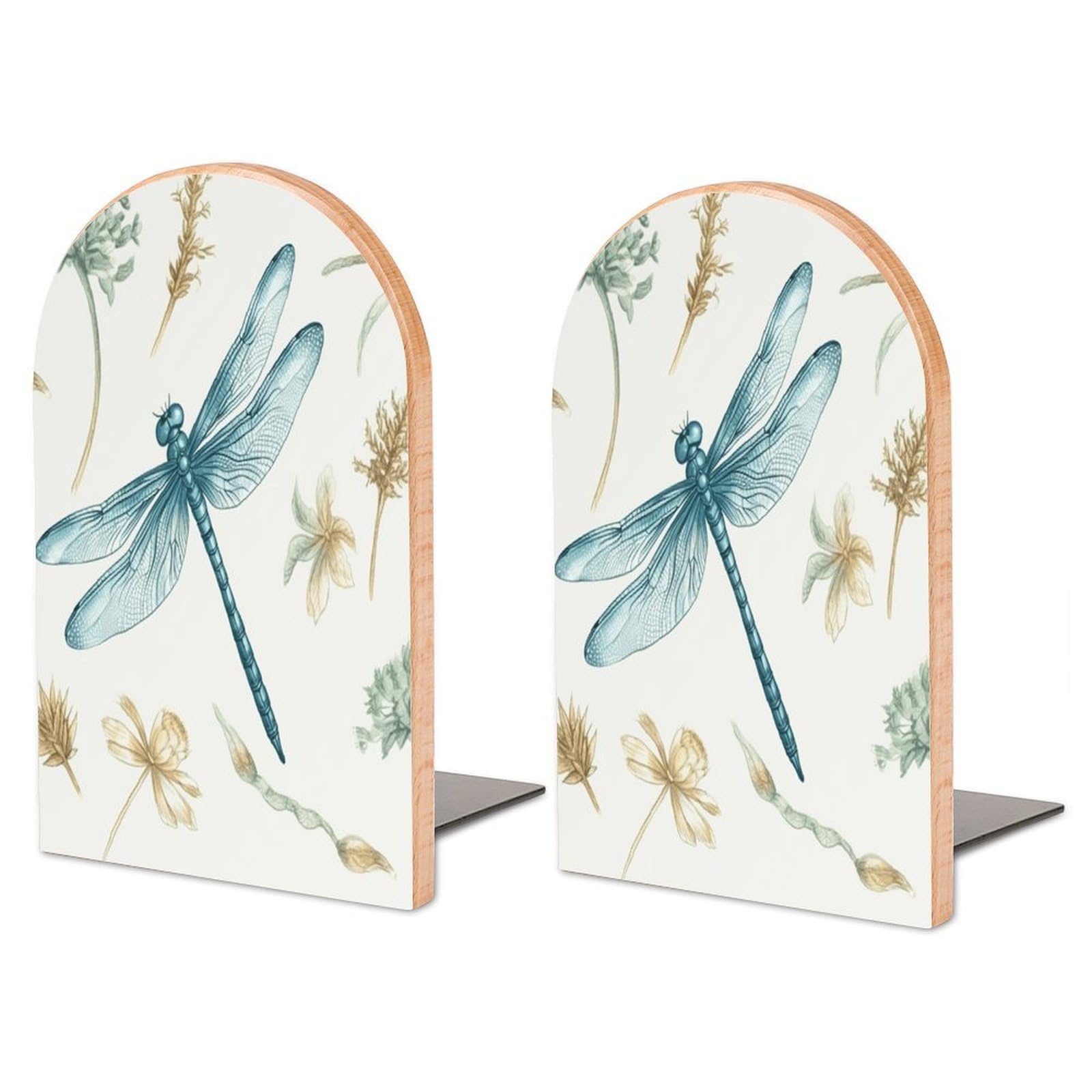 Dragonfly Bookend for Shelves Decorative 1 Pair Modern Wood Book End Universal Economy Bookend with Metal Base Heavy Duty Non-Slip Book Organizer for Home Office