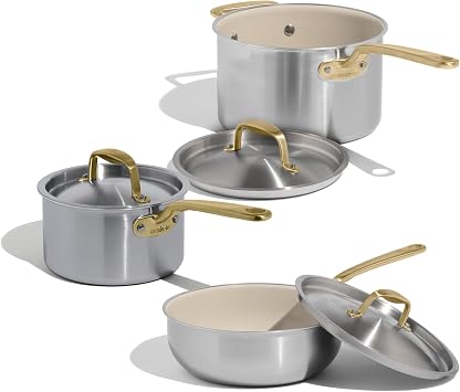 Made In Cookware - 6 Piece Stainless Steel Saucepan Set with Lid Antique Brass Handle - 5 Ply Clad - Includes Non Stick Saucepans and Saucier - Professional Cookware - Crafted in Italy