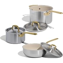 Made In Cookware - 6 Piece Stainless Steel Saucepan Set with Lid Antique Brass Handle - 5 Ply Clad - Includes Non Stick Saucepans and Saucier - Professional Cookware - Crafted in Italy