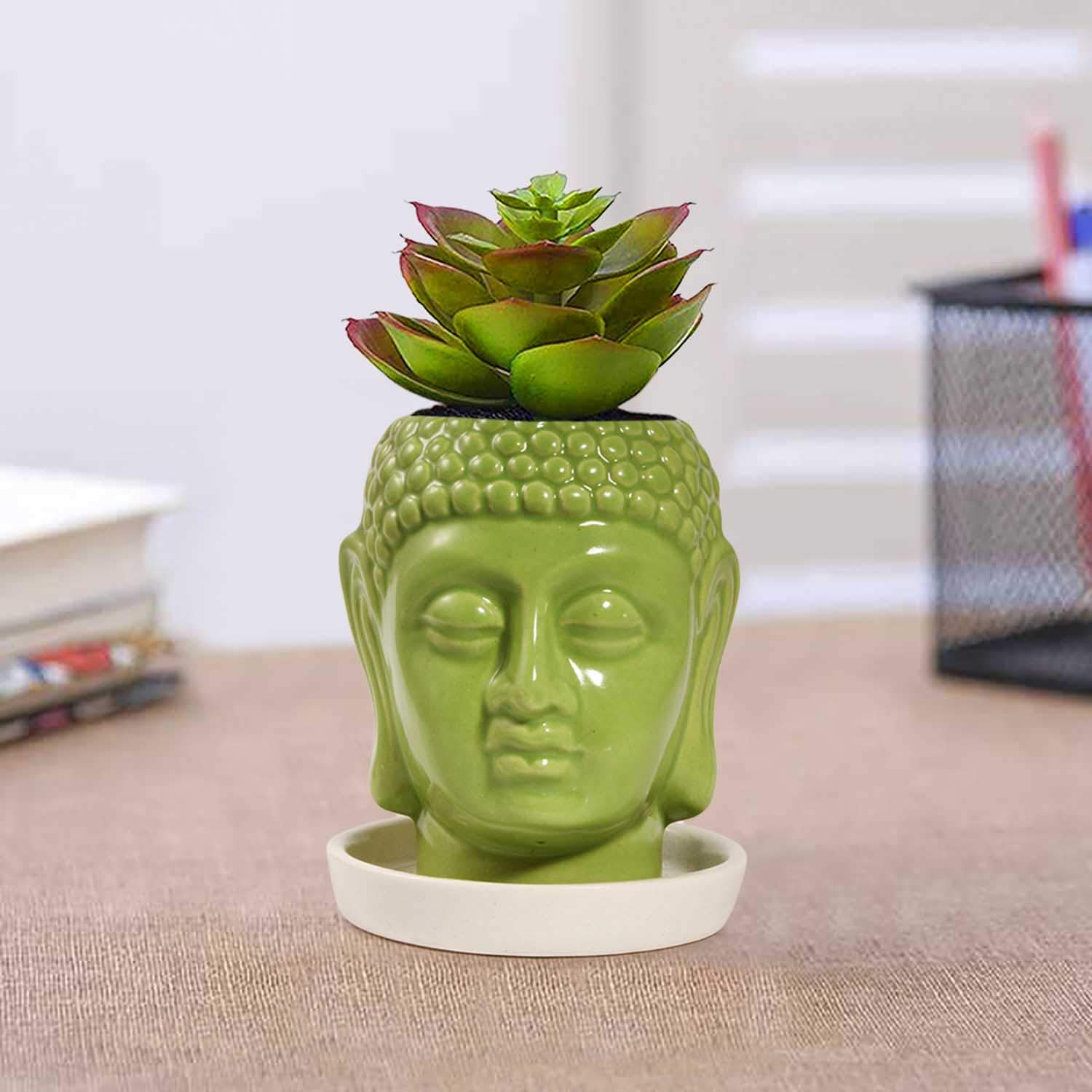 Lasaki Buddha Small Green Ceramic Pot with White Plate(CIR003)for