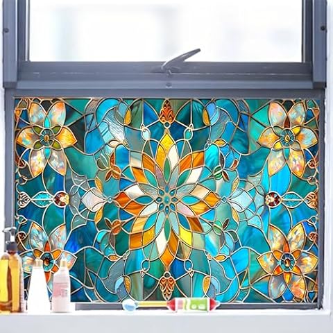 WBQMUNY Stained Glass Window Film,Frosted Glass Window Film,Window Privacy Film for Home Frosted Bathroom Window Coverings Static Cling Non-Adhesive 17.7" x 39.5" (BH119) Cover