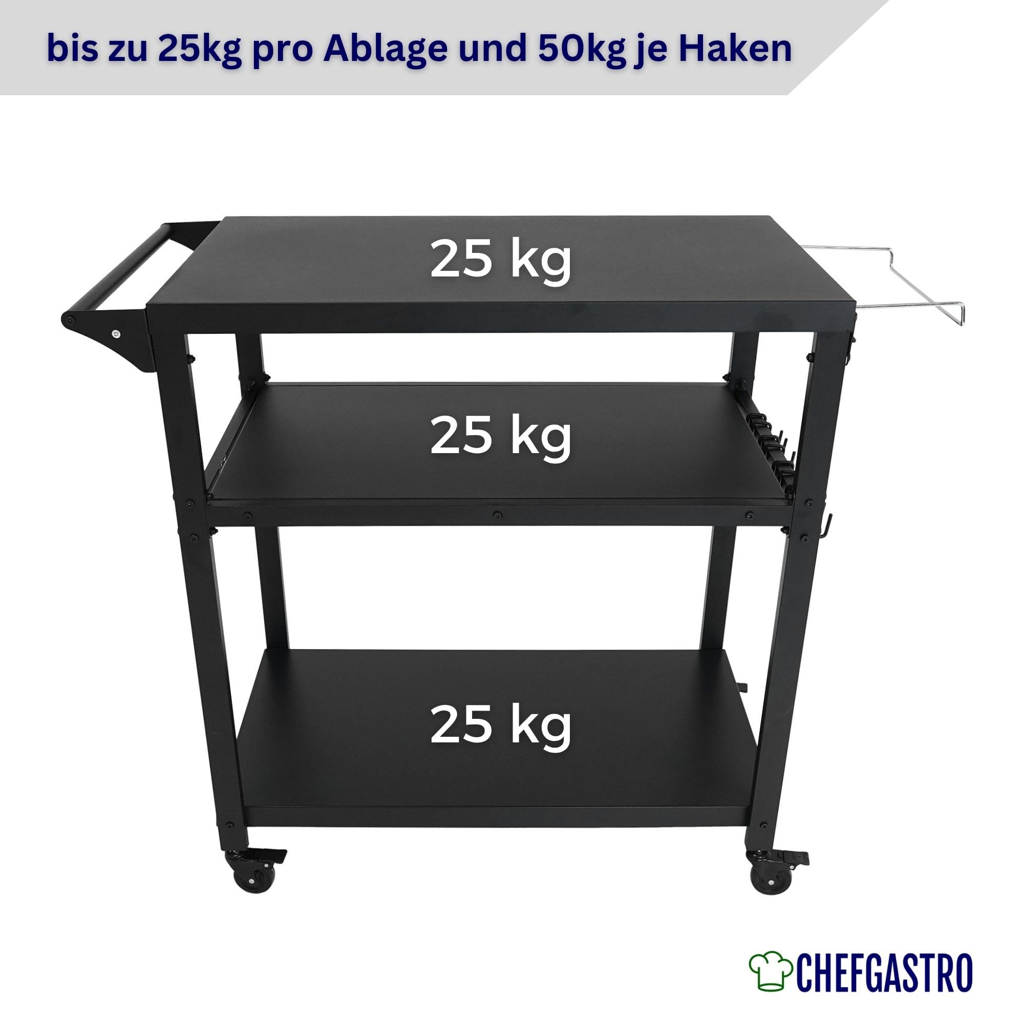 CHEFAGSTRO Grillwagen Vulcan Outdoor Servierwagen mit Rollen Küche Küchenwagen Metall Schwarz Wetterfest Grilltisch, 4 Lenkrollen mit Bremse, 3 Ablagen, 8 Haken, Müllbeutelhalter & Handtuchgriff