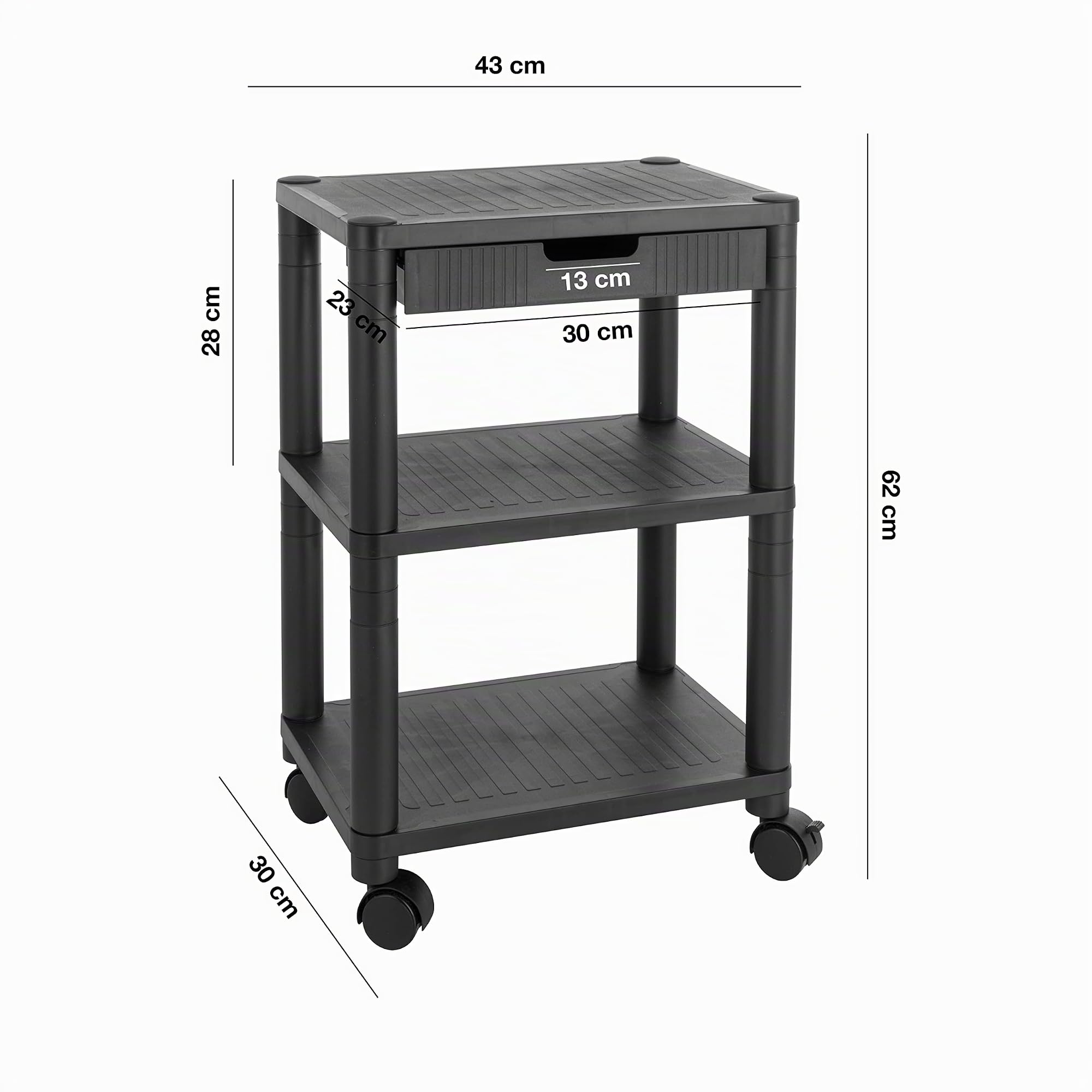 Baroni Home Mobile Ufficio con Ruote e Cassetto con Tre Ripiani, Carrello con Scaffali in Plastica, Supporto con Piano d’Appoggio per Stampante, Nero