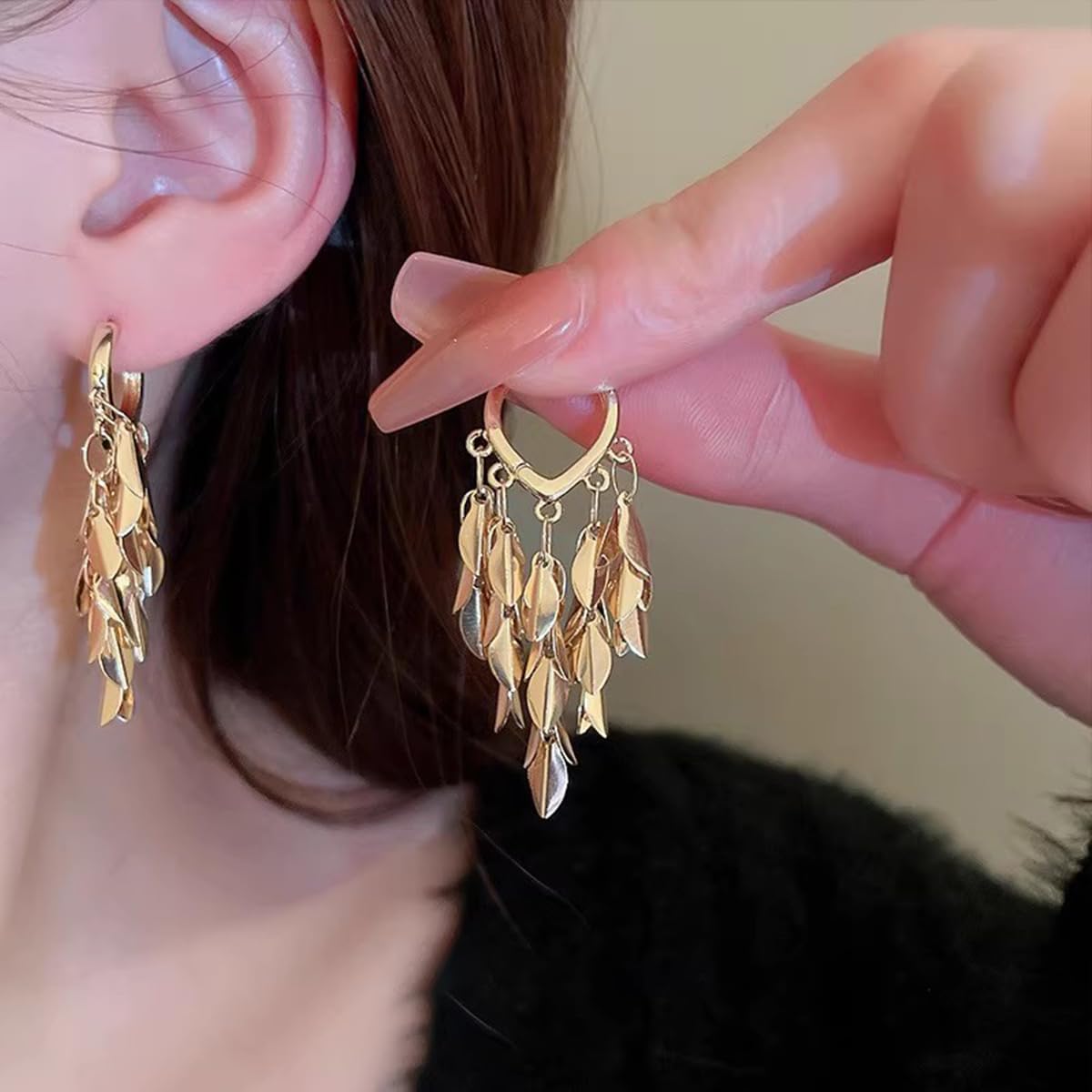 Chic Dangle Tassel Leaf Earrings for Women, Statement Elegant Vintage Unique Gold leaf Jewelry Petal Earrings for Party Wedding - Image 3