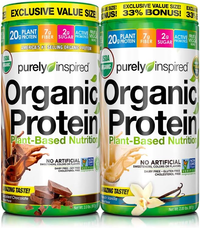 Purely Inspired Vegan Brown Rice and Pea Protein Powder, Mixed Pack, Decadent Chocolate & French Vanilla, 32 Ounce (Pack of 2)