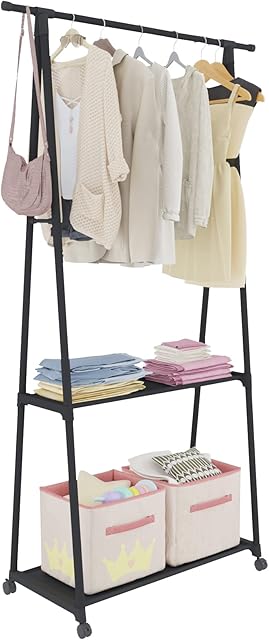 ACCSTORE Metal Coat Rack Garment Rack Freestanding Hanger With 2-Tier Lower Storage Shelf and Wheels for Bedroom Office Entryway,Black