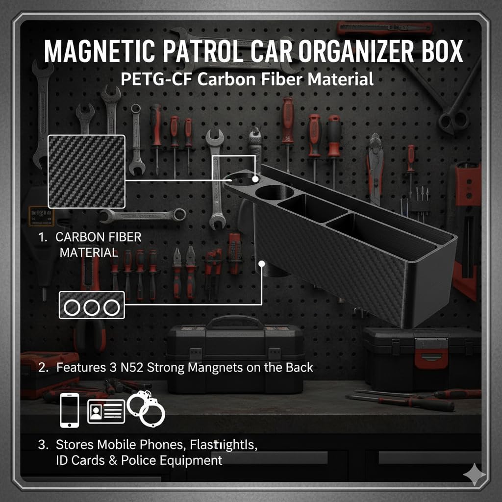 Magnetic Patrol Car Organizer Box - Black Carbon Fiber Style Storage for Mobile Phones, Flashlights & ID Cards - Heavy Duty N52 Magnet Mount