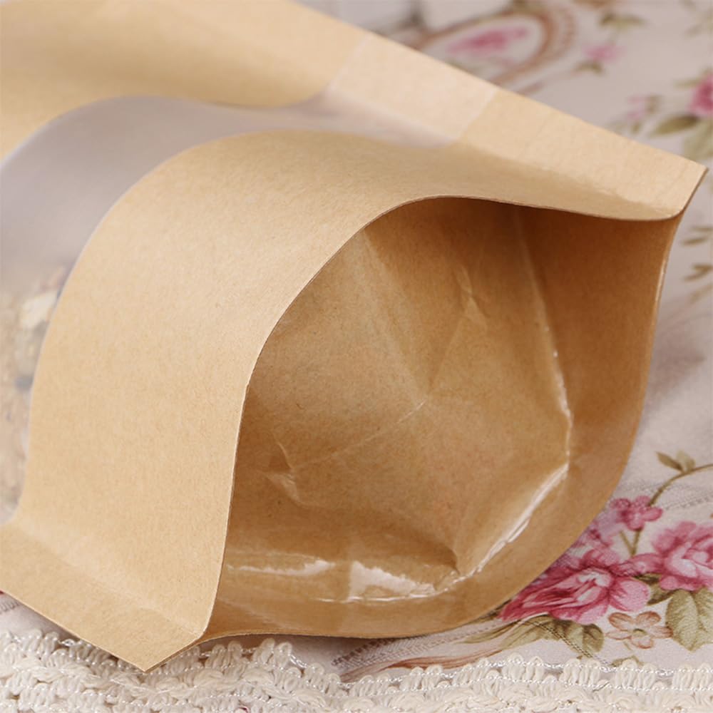 100 szt./partia Stand Up Kraft Paper Pouches With Windows Snack Food Ziplock Bags Nuts Sealed Food Packaging Bags With Tear Notch (przezroczyste okno, 16 x 22 cm)