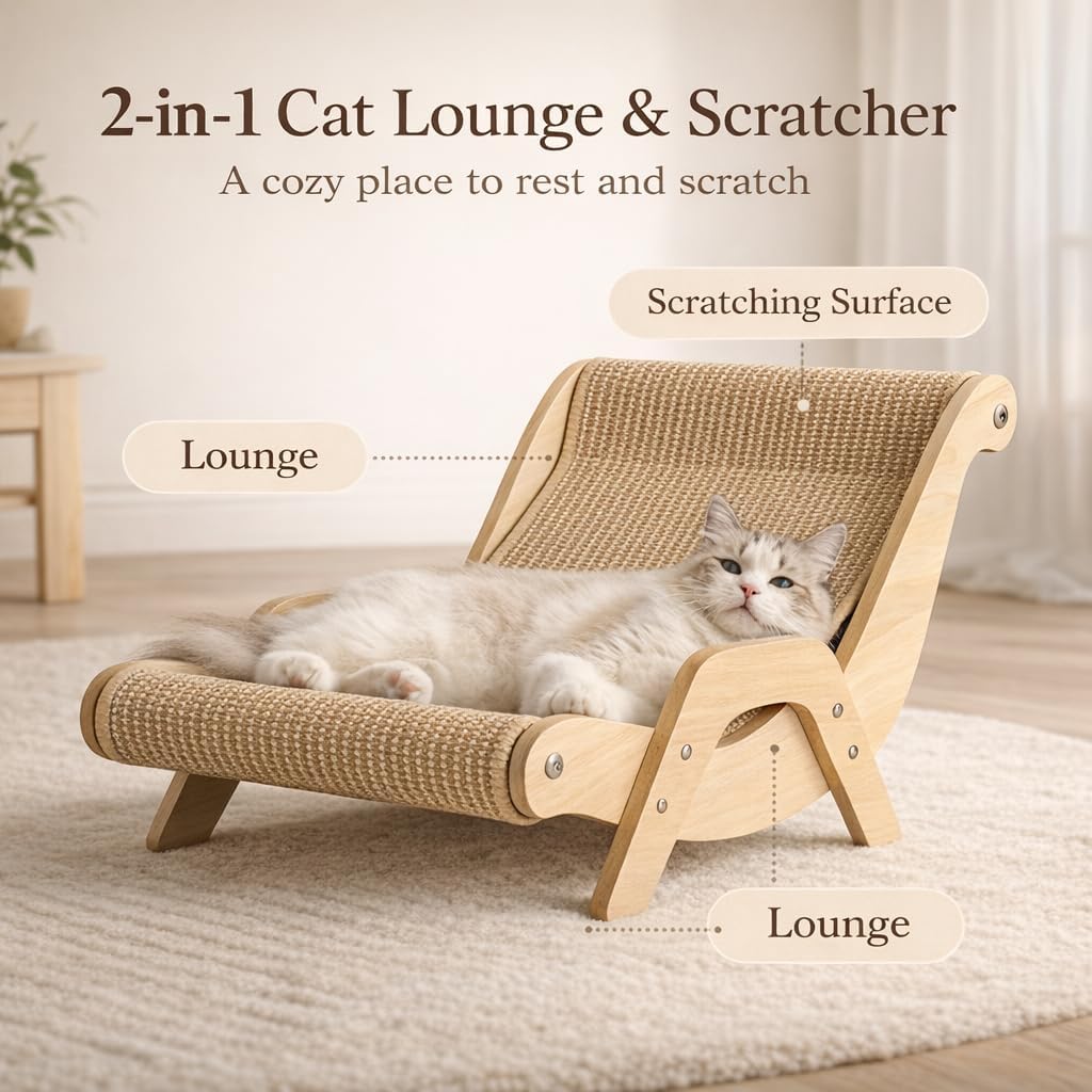 2-in-1 Cat Scratcher Lounge Chair, Wooden Hammock Bed with Woven Scratching Surface, Modern Cat Furniture for Indoor Cats