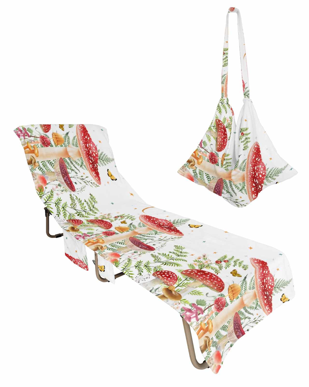 Mushroom Beach Chair Cover with Side Pockets, Microfiber & Quick Dry Pool Chaise Lounge Chair Towels Covers for Sun Sunbathing Patio Garden Hotel, Botanical Wildflower Herbs White Watercolor
