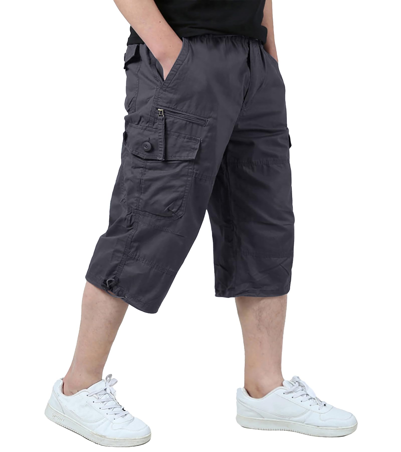 EKLENTSON Men's Cargo Shorts Casual Twill Elastic 3/4 Capri Pants Below Knee Long Shorts with 7 Pockets