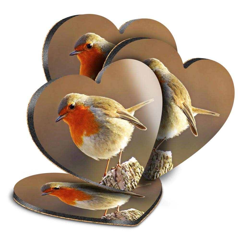 Destination Vinyl ltd Great Coasters (Set of 4) Heart - Robin Redbreast Bird Animals Birds Drink Glossy Coasters/Tabletop Protection for Any Table Type #8701