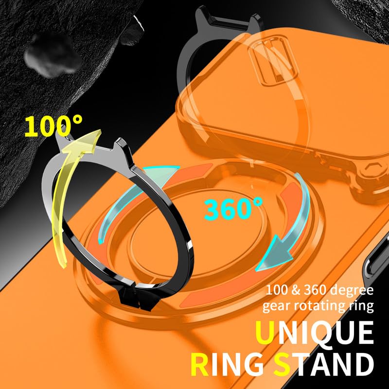 Image of LuxuryKase Shockproof Rugged Case for iPhone 17 Pro | Slide Camera Cover | 360 Rotating Ring Kickstand | Military-Grade Protection - Sunset Orange