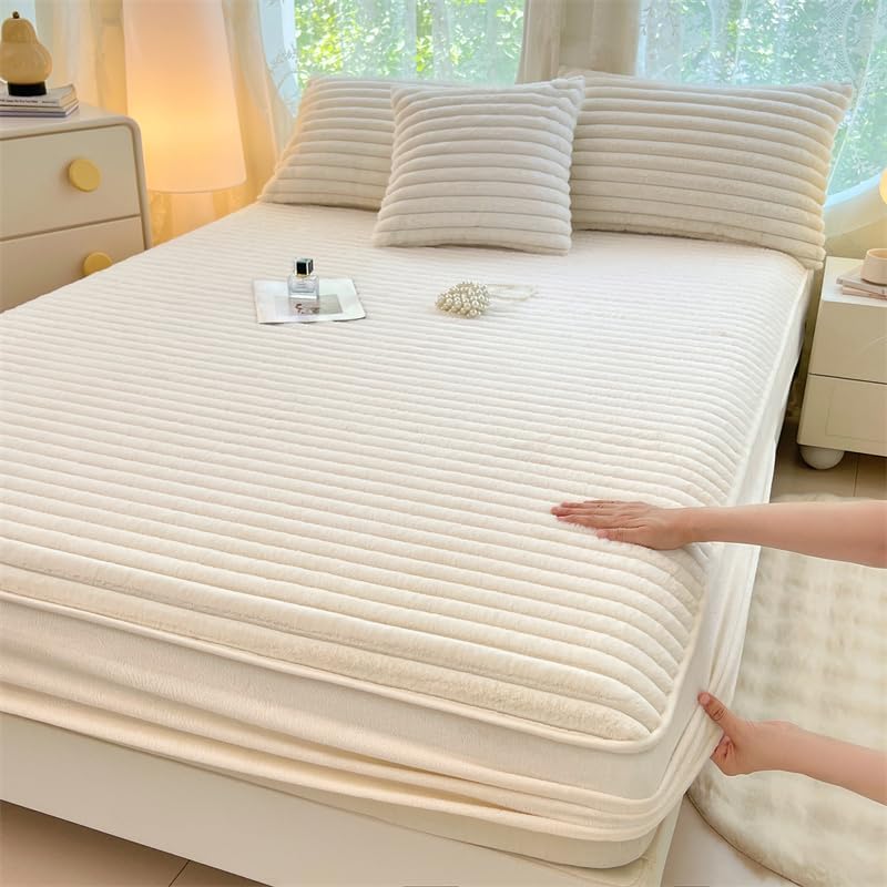 Fuzzy Faux Rabbit Fur Stripe Bed Sheet,Soft Fluffy Mattress Protector Thick Bed Cover, Milk Velvet Stripe Bedding Fitted Sheet Twin/Queen/King Size (White, California King（ 79"x86"/200 * 220cm)