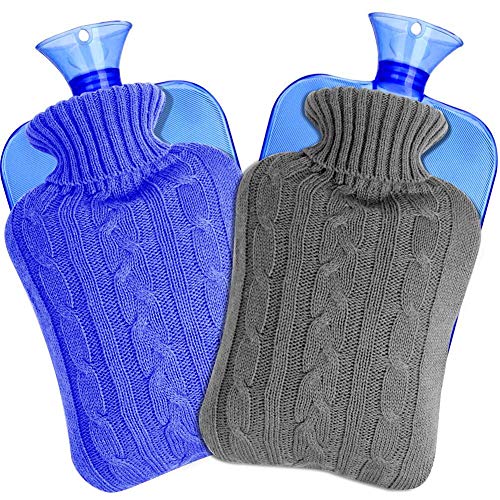 Wärmflasche mit Bezug, SaponinTree Bettflasche 2 Stück, Abnehmbare und Waschbare Wärmflasche mit Gestrickter Abdeckung - 2 Liter (Grau und Blau) Cover