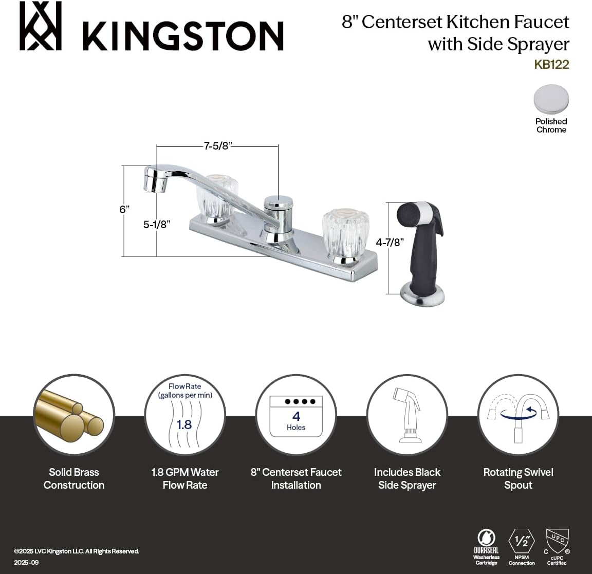Kingston Brass KB122 Columbia Twin Acrylic Handle Kitchen Faucet with Side Sprayer, 7-5/8-Inch, Polished Chrome