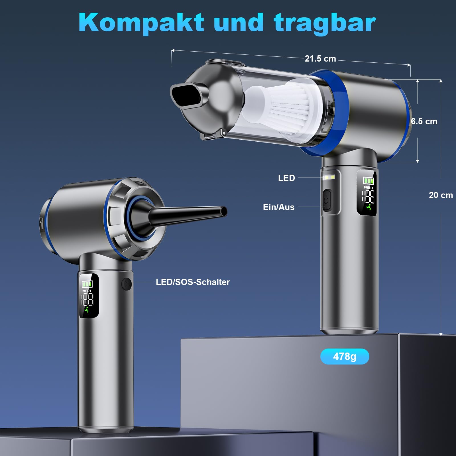Handstaubsauger Akku, 4-in-1 Handstaubsauger, 32000PA Auto Staubsauger Stark, Handstaubsauger Auto, 3-Gang 300000 U/min Staubsauger, Bürstenlosem Motor, LCD Display Autostaubsauger, für Auto, Büro