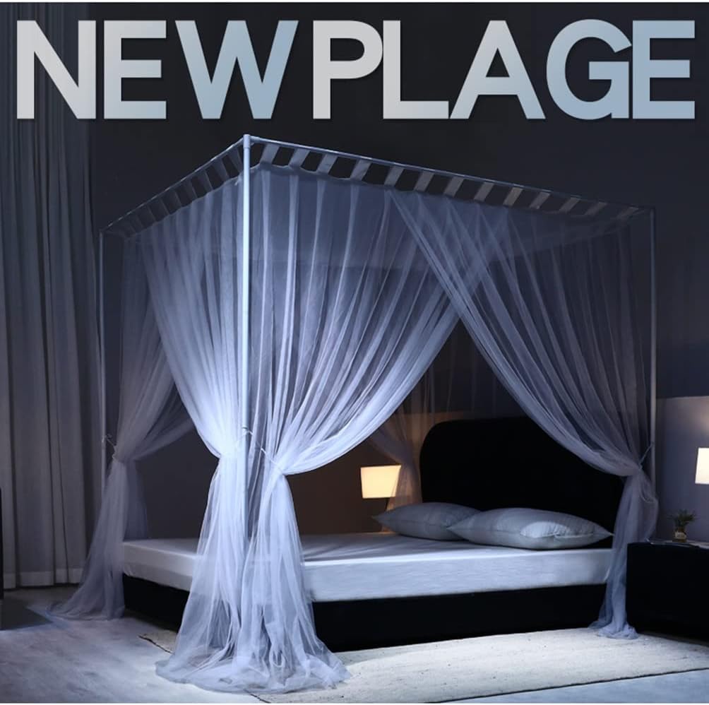 Summer Mosquito Net Canopy for Single & Double Beds, 4-Post Floor Bed Curtain with Metal Stand, White, 180x200cm - Ideal Girls Bedroom Decor