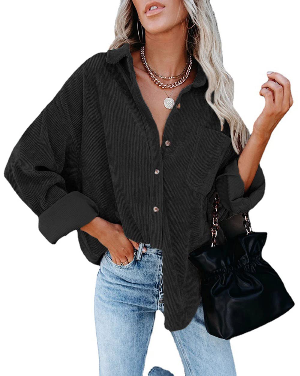 NOMSOCR Womens Corduroy Loose Shirt Casual Long Sleeve Button Down Shirts Blouse with Pocket (XL, Black)