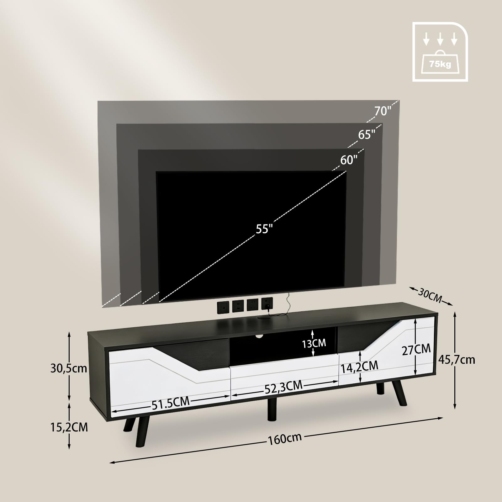 Niska szafka pod telewizor 160 cm, stojąca, 120 cm, z 2 drzwiczkami i szufladą