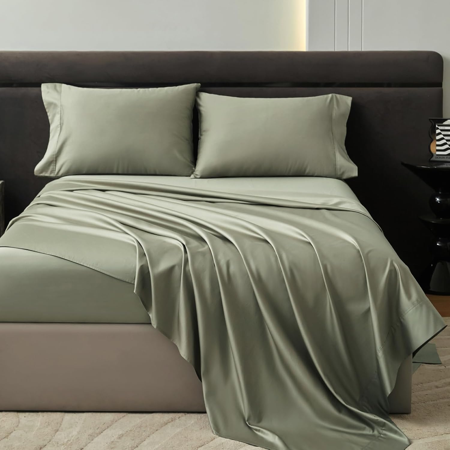 PURE ERA Sheet Set 800 Thread Count Long Staple Cotton Sateen Silky Soft Luxurious Smooth 4 Piece Set,Deep Pocket up to 16" (Light Olive Green King)