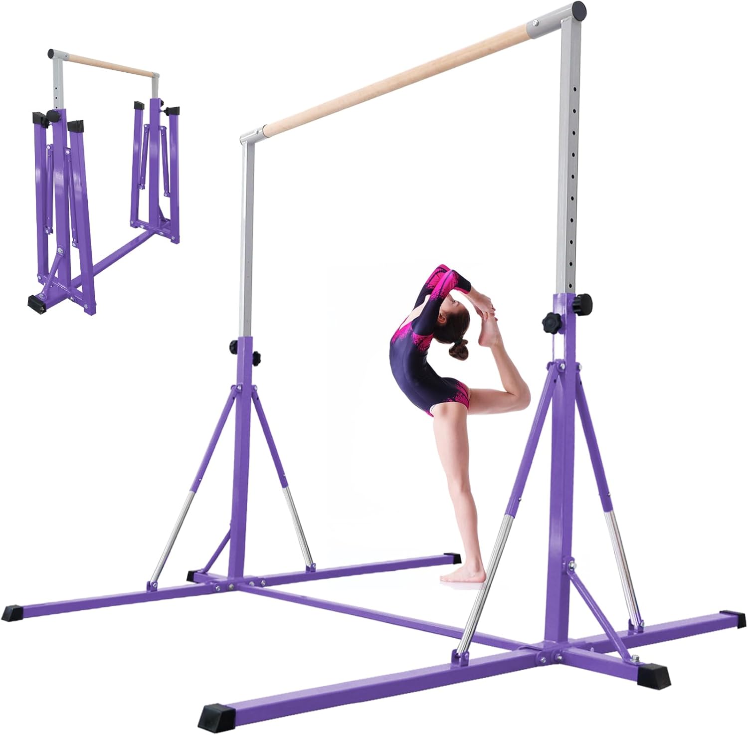 gymnastics bar, 5'10” base length 45" to 71" adjustable horizontal bar for serious training, 500 lbs capacity, professional home gym equipment with competition-grade beech-covered fiberglass bar 8ft foldable bar big purple